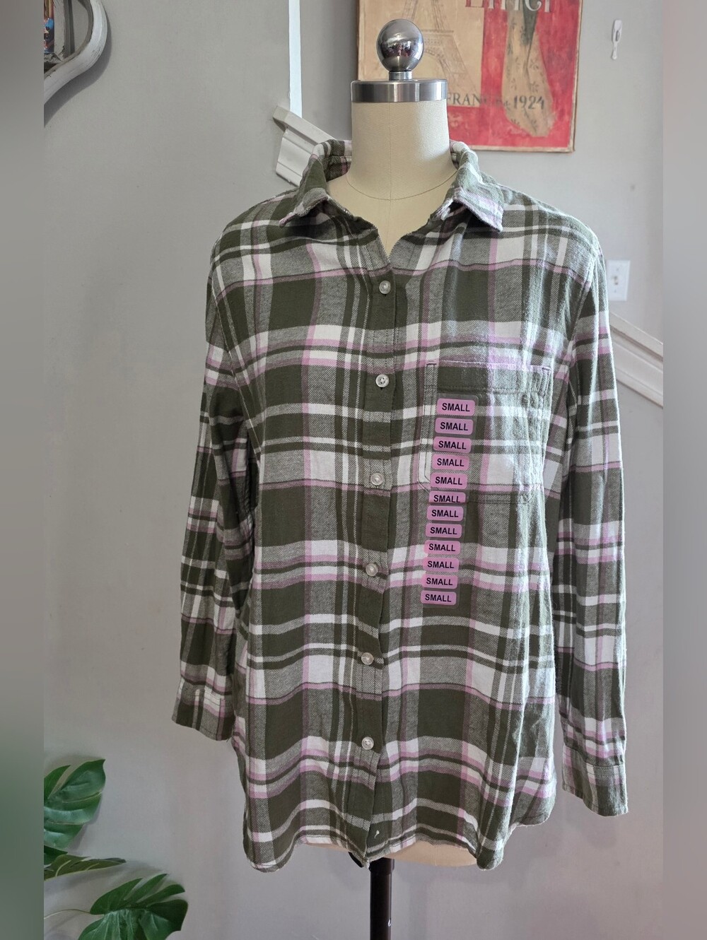 GAP Boyfriend Flannel Shirt Green Pink Small NWT